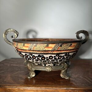 Grand Dominic Bronze & Porcelain HEAVY Leopard Pattern Footed Decorative Bowl